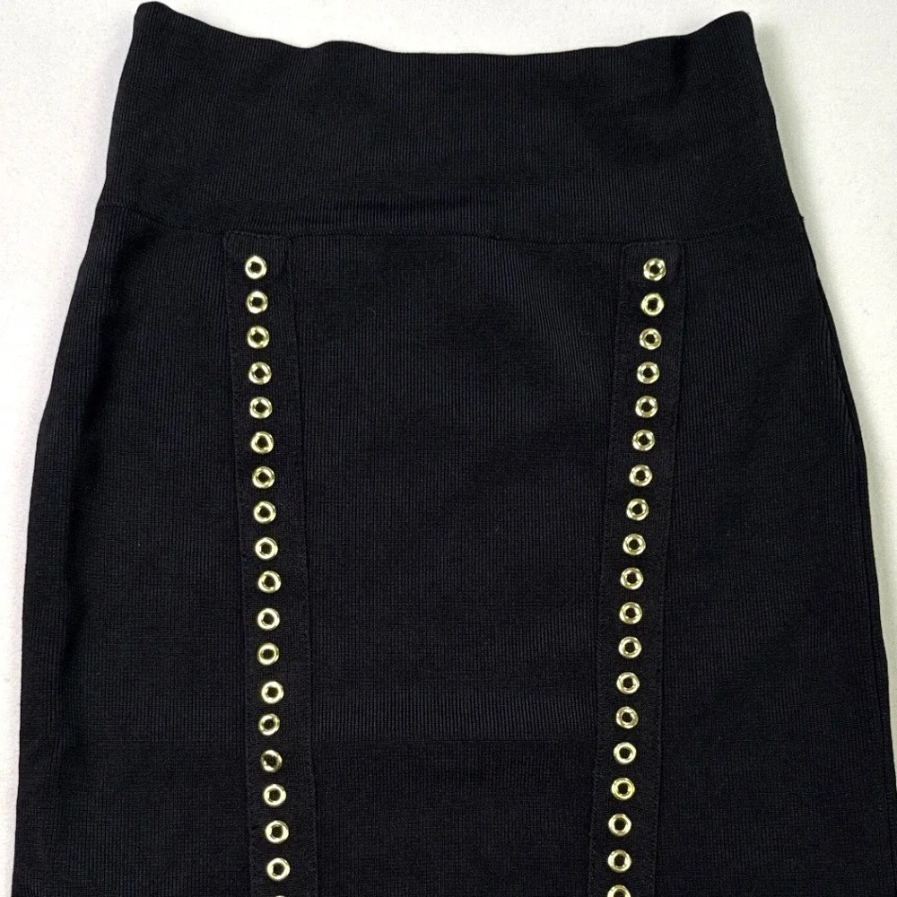 Rock & Republic Black Grommet Bandage Pencil Skirt Gold Eyelet XS High Waist